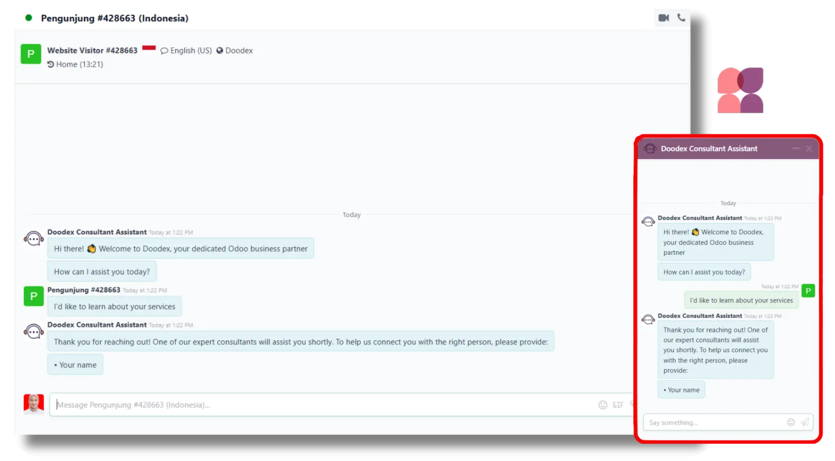 Every chat request from a visitor is automatically recorded in Odoo Every chat request from a visitor is automatically recorded in Odoo