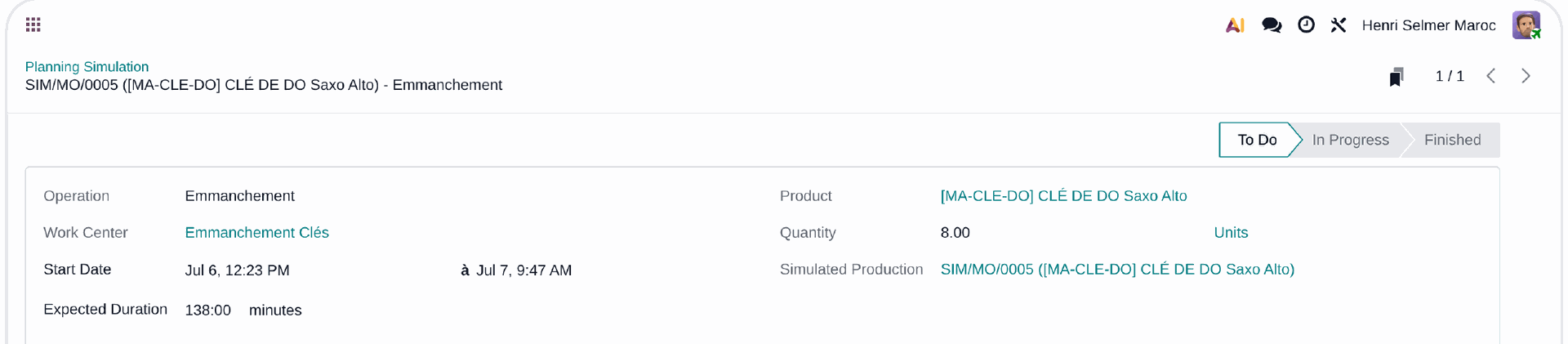 Odoo Planning Simulation — Work Order simulé